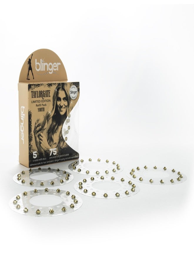 blinger® Limited Edition Refill Pack - Youth | 75 Precision-Cut Glass Crystals (5 Discs) | Hair Safe Adhesive - Bling In, Brush Out | blinger® Styling Tool Not Included | Gold 5 MM - Image 1